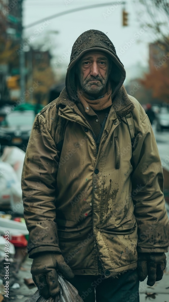 Homeless. A man in a brown jacket is shoveling trash. The scene is dirty and unkempt, with trash scattered around. The man is working hard, but the overall mood of the image is negative and unpleasant Homeless. A man in a brown jacket is shoveling trash. The scene is dirty and unkempt, with trash scattered around. The man is working hard, but the overall mood of the image is negative and unpleasant