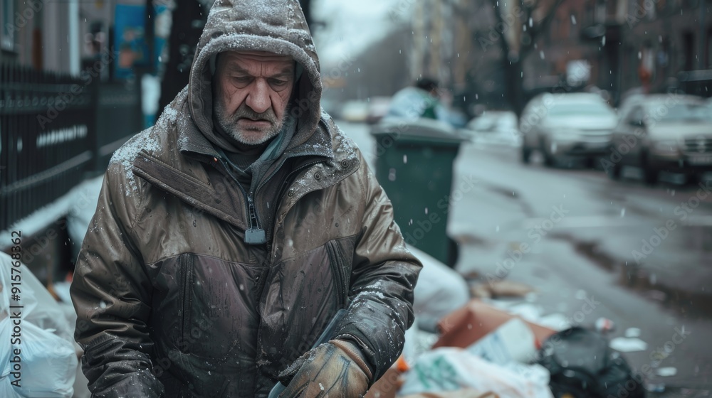 Homeless. A man in a brown jacket is shoveling trash. The scene is dirty and unkempt, with trash scattered around. The man is working hard, but the overall mood of the image is negative and unpleasant Homeless. A man in a brown jacket is shoveling trash. The scene is dirty and unkempt, with trash scattered around. The man is working hard, but the overall mood of the image is negative and unpleasant