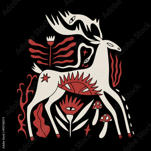 Boho folk celestial ornate deer character vector hand drawn illustration. Wild animal with floral elements and flowers, drawing in Scandinavian style. Cute cartoon reindeer woodland composition poster