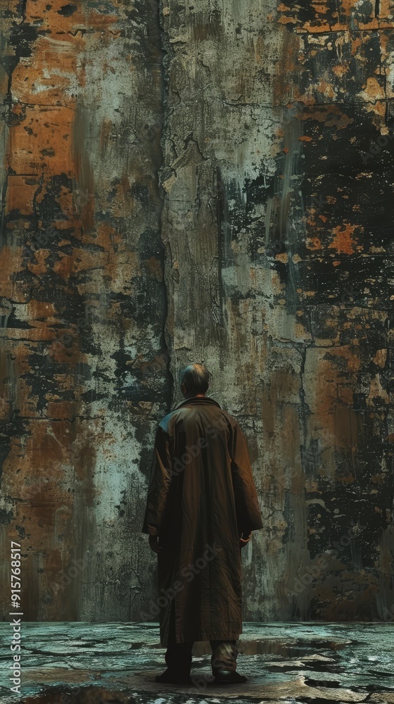 A man stands in front of a wall with graffiti on it. The man is wearing a white shirt and a black hat. The wall is covered in graffiti and he is old and worn. Scene is somewhat somber A man stands in front of a wall with graffiti on it. The man is wearing a white shirt and a black hat. The wall is covered in graffiti and he is old and worn. Scene is somewhat somber