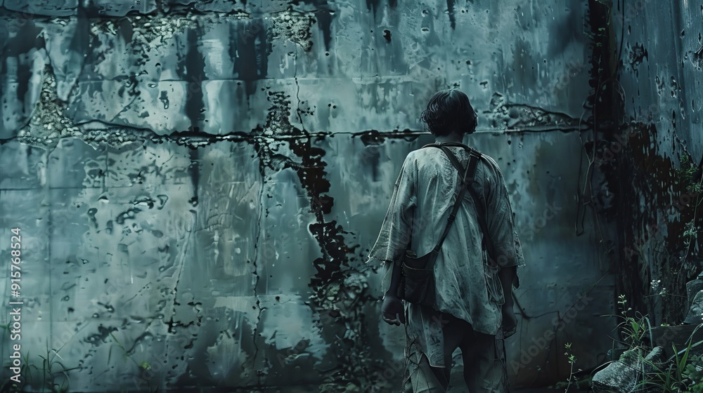 Obraz premium A man stands in front of a wall with graffiti on it. The man is wearing a white shirt and a black hat. The wall is covered in graffiti and he is old and worn. Scene is somewhat somber