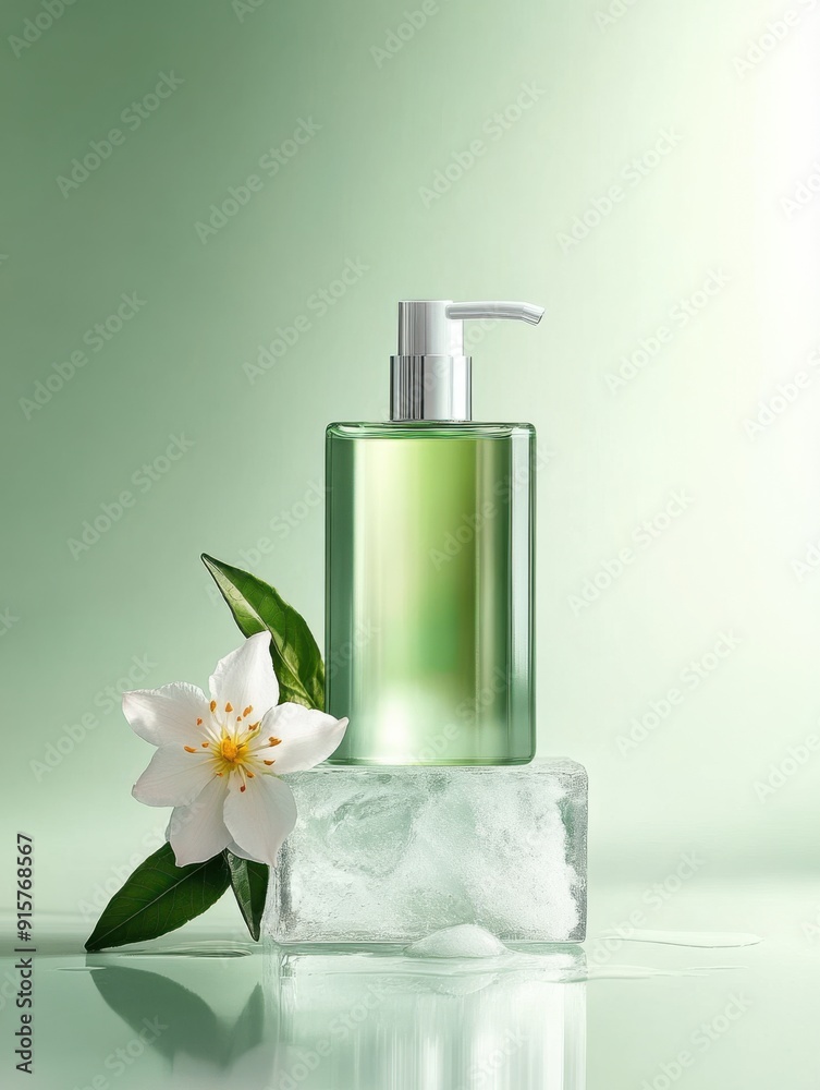 Glass bottle with dispenser on a green background on a stone stand with a flower Glass bottle with dispenser on a green background on a stone stand with a flower