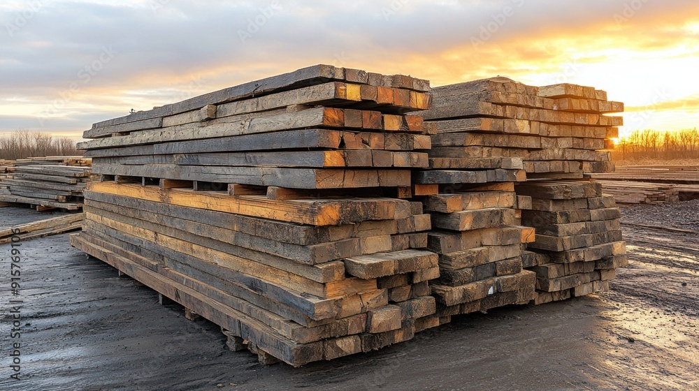 Bundles of lumber stacked neatly at a construction site under a beautiful sunset Bundles of lumber stacked neatly at a construction site under a beautiful sunset