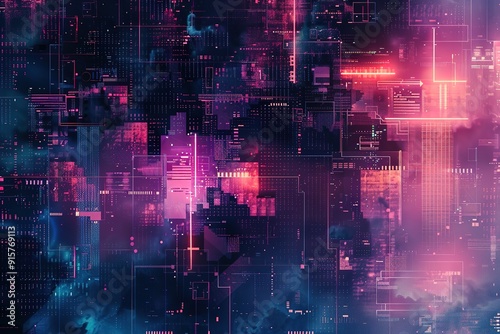 Bright abstract cyber data scape with neon lights