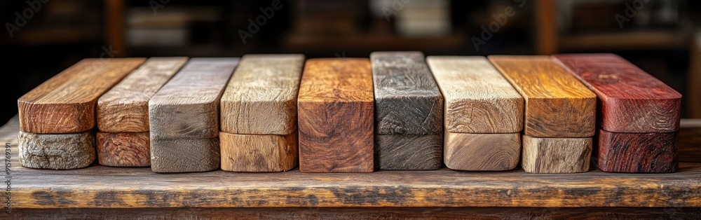 Timber blocks of various colors and textures are arranged on a work surface Timber blocks of various colors and textures are arranged on a work surface