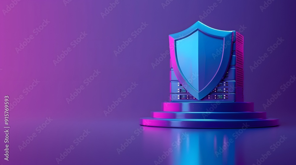 Digital security concept with a shield on a pedestal against a purple-blue gradient background, representing data protection and cybersecurity. Digital security concept with a shield on a pedestal against a purple-blue gradient background, representing data protection and cybersecurity.