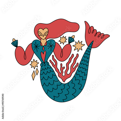 Cartoon coloring redhead mermaid princess, boho character red hair girl mascot groovy whimsical flat art. Doodle stellar celestial details. Hand-drawn mystical bohemian composition. Mythology totem