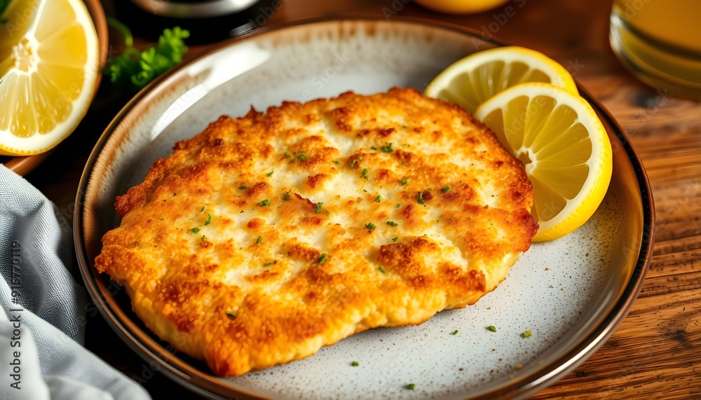German schnitzel cutlet with a focus on the golden-brown breading and the juicy meat German schnitzel cutlet with a focus on the golden-brown breading and the juicy meat
