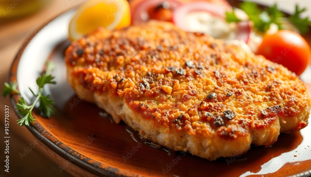 German schnitzel cutlet with a focus on the golden-brown breading and the juicy meat German schnitzel cutlet with a focus on the golden-brown breading and the juicy meat