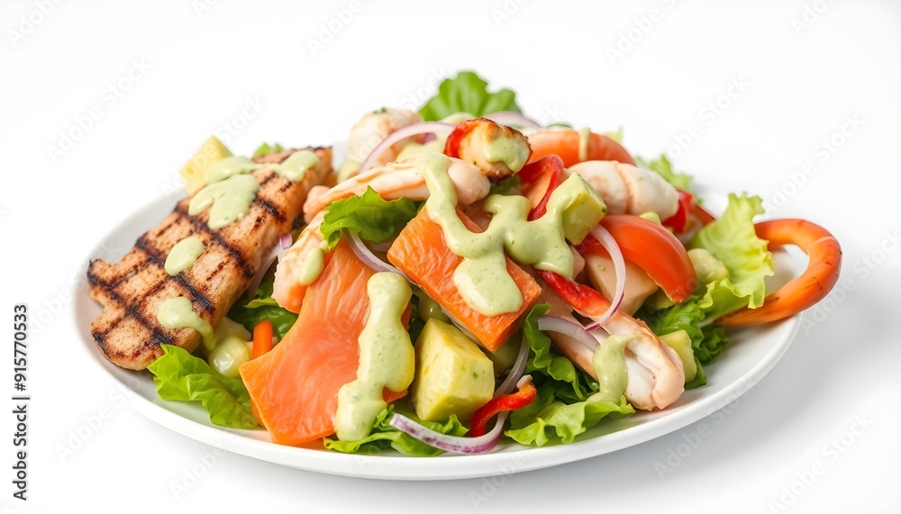seafood salad, presented in a glass bowl, isolated, white background. seafood salad, presented in a glass bowl, isolated, white background.