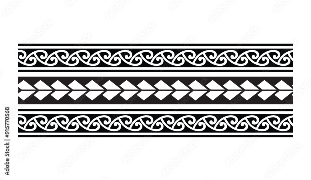 Polynesian tattoo design tribal border.Tribal design ethnic ornament maori band.Samoan Tattoo ribbon sleeve bracelet.Fabric seamless isolated hawaiian armband pattern on white background. Polynesian tattoo design tribal border.Tribal design ethnic ornament maori band.Samoan Tattoo ribbon sleeve bracelet.Fabric seamless isolated hawaiian armband pattern on white background.
