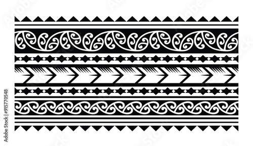 Polynesian tattoo design tribal border.Tribal design ethnic ornament maori band.Samoan Tattoo ribbon sleeve bracelet.Fabric seamless isolated hawaiian armband pattern on white background. 