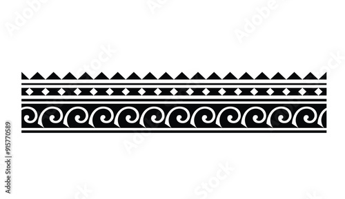 Polynesian tattoo design tribal border.Tribal design ethnic ornament maori band.Samoan Tattoo ribbon sleeve bracelet.Fabric seamless isolated hawaiian armband pattern on white background. 