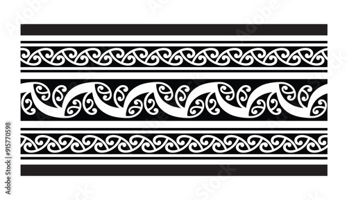Polynesian tattoo design tribal border.Tribal design ethnic ornament maori band.Samoan Tattoo ribbon sleeve bracelet.Fabric seamless isolated hawaiian armband pattern on white background. 