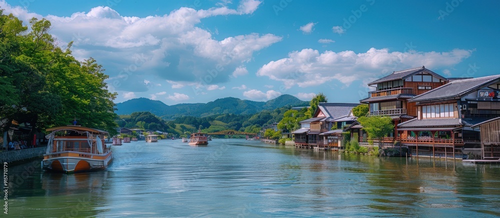 Naklejka premium Scenic River View with Traditional Japanese Houses and Boats