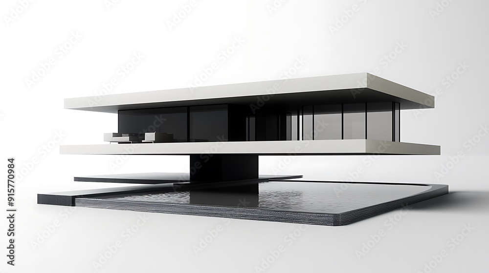 Modern house with a floating design and a pool below Modern house with a floating design and a pool below