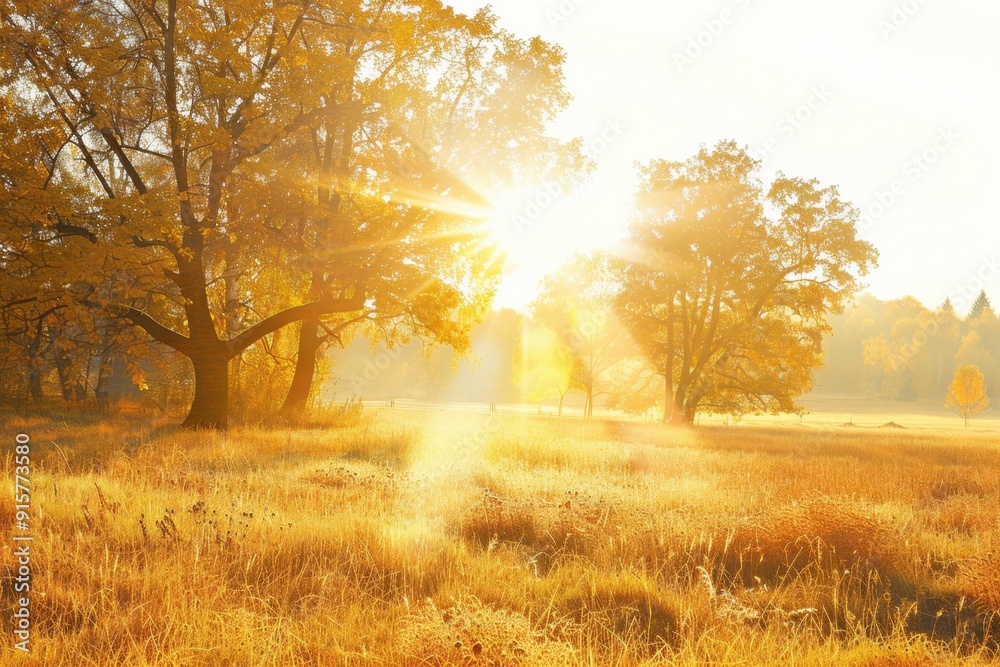 Sun rays in autumn, grassy field with trees, white background Generative AI Sun rays in autumn, grassy field with trees, white background Generative AI