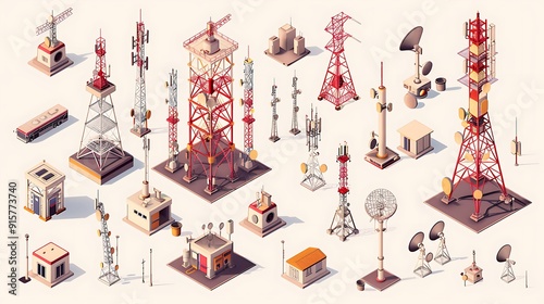 Flat vector set featuring various telecom towers and radio communication structures