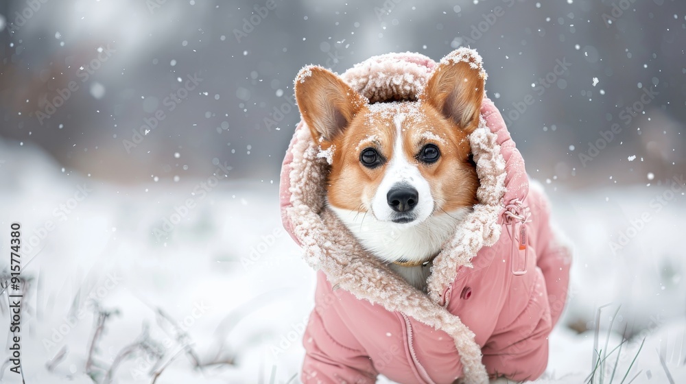 A dog is wearing a pink coat and standing in the snow. The dog has a happy expression on its face A dog is wearing a pink coat and standing in the snow. The dog has a happy expression on its face