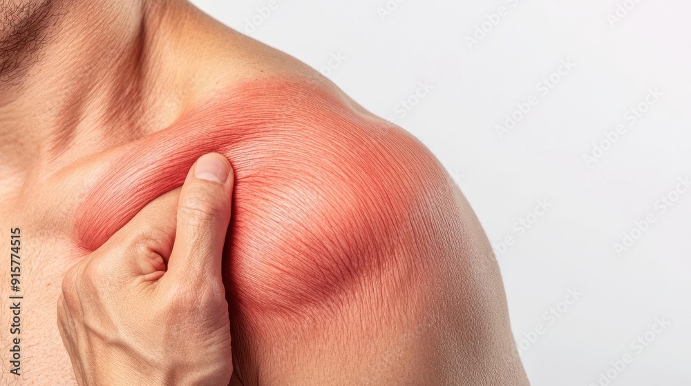 Naklejka premium A detailed shot of a person gripping their shoulder, with visible tension in the muscles, symbolizing the persistent ache of chronic pain