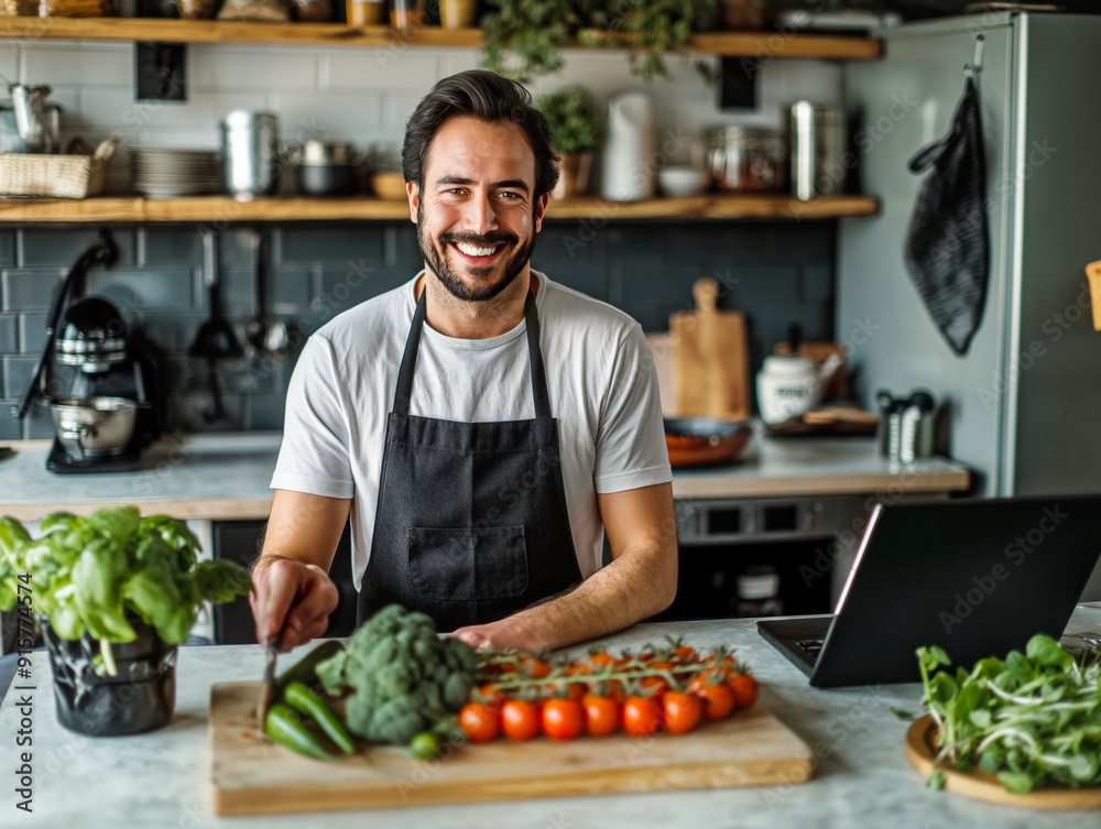 A man is smiling and standing in front of a kitchen counter with a laptop on it. He is preparing food and has a knife in his hand. The kitchen is well-stocked with various items, including a bowl A man is smiling and standing in front of a kitchen counter with a laptop on it. He is preparing food and has a knife in his hand. The kitchen is well-stocked with various items, including a bowl