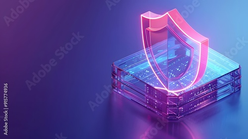 Futuristic digital security concept with illuminated shield and microchip. Cybersecurity abstract in vibrant neon colors on a tech background.