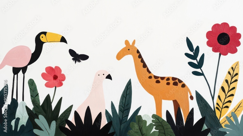 A vibrant birds-eye view of diverse wildlife interacting in a lush environment A vibrant birds-eye view of diverse wildlife interacting in a lush environment