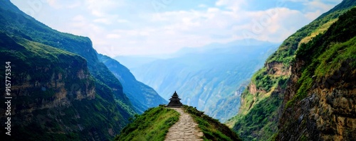 A mountain pass with a narrow path, sheer cliffs on either side, and an ancient temple perched at the top