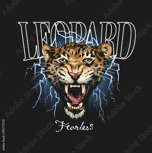 leopard slogan with leopard head on lightning background vector illustration
