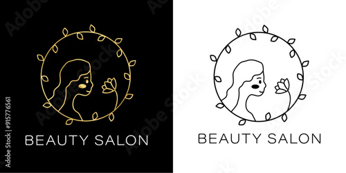 Natural beauty woman and lotus flower with gold gradient in linear style. A simple logo is suitable for cosmetic products, makeup, beauty salon, skin care, spa salon