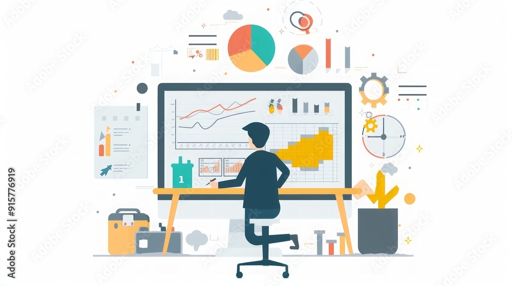 Businessman Analyzing Data Charts and Graphs on Computer Screen