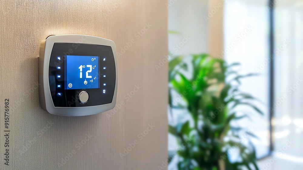 Modern digital thermostat on wall with temperature display and indoor plant, ideal for energy efficiency and home comfort. Modern digital thermostat on wall with temperature display and indoor plant, ideal for energy efficiency and home comfort.