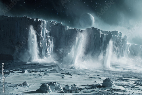 Giant ice plumes erupt from the surface of Enceladus, illuminating the majestic icy terrain as Saturn's moon witnesses a stunning twilight spectacle. photo