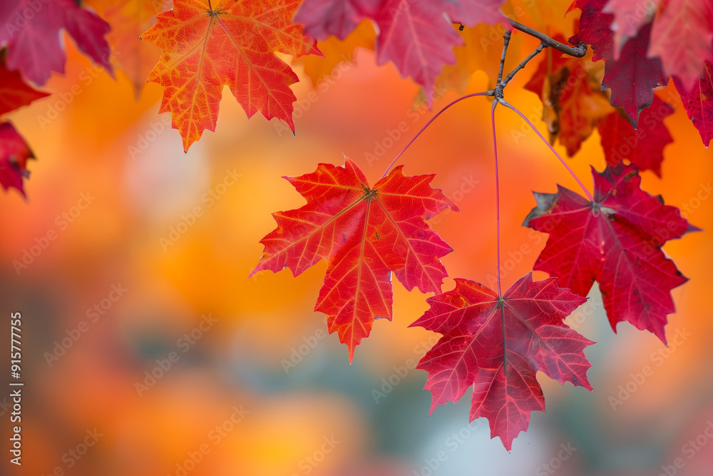 Close-up vibrant autumn maple leaves, displaying a rich blend of red, orange, and yellow hues, hanging delicately from a branch with a soft, blurred background Close-up vibrant autumn maple leaves, displaying a rich blend of red, orange, and yellow hues, hanging delicately from a branch with a soft, blurred background