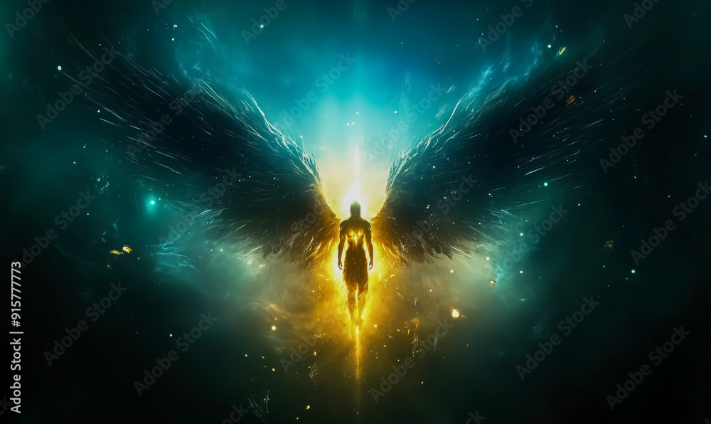 Obraz premium A man is standing in front of a large winged angel. The angel is surrounded by a bright yellow light, and the man is wearing a yellow shirt. The image has a mystical and spiritual feel to it