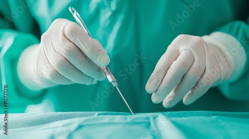 A close-up of a surgeon's hands, gloved and focused, using a surgical instrument for a precise medical procedure.