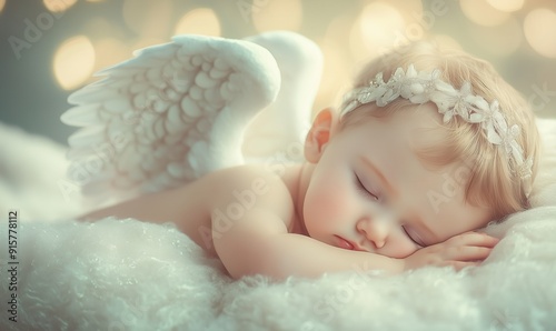 A baby angel is sleeping on a white blanket. The image has a peaceful and calming mood