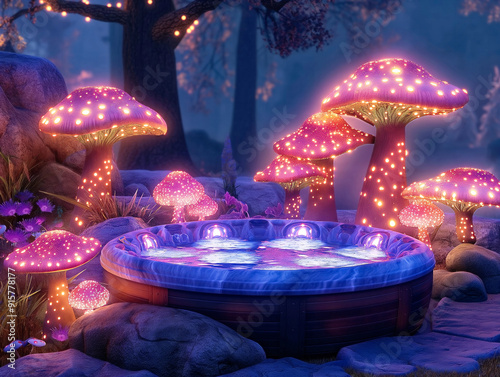 A pond with a blue bathtub surrounded by pink mushrooms. The scene is illuminated with lights, creating a magical and whimsical atmosphere