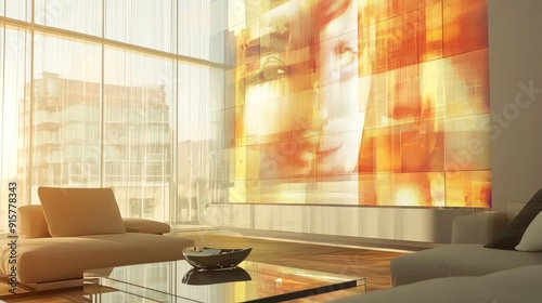 Wallpaper Mural Modern living room with large windows and a vibrant abstract wall art, showcasing creativity and contemporary design. Torontodigital.ca