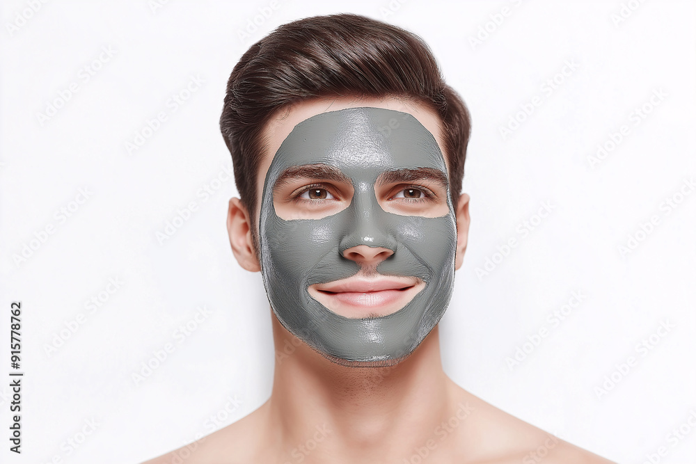 Smiling man with a charcoal facial mask, promoting skincare and wellness for men Smiling man with a charcoal facial mask, promoting skincare and wellness for men