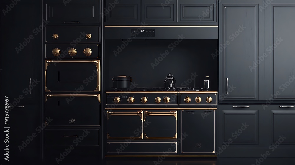 Fototapeta premium Black and Gold Kitchen Range with Cabinets