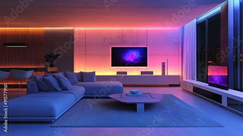 Modern living room with vibrant LED lights, stylish furniture, and a sleek television, creating a cozy and inviting atmosphere.