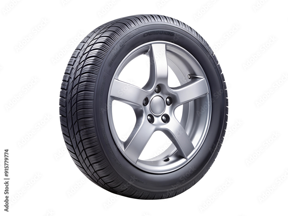 Angled view of car tire and silver rim, transparent background Angled view of car tire and silver rim, transparent background