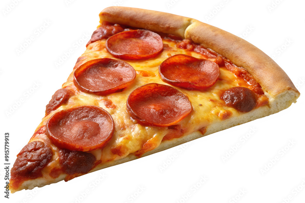 Cheesy pepperoni pizza slice, isolated against transparent background Cheesy pepperoni pizza slice, isolated against transparent background