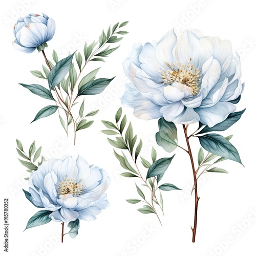 Fototapeta Naklejka Na Ścianę i Meble -  Watercolor illustration of delicate blue peonies and green leaves.