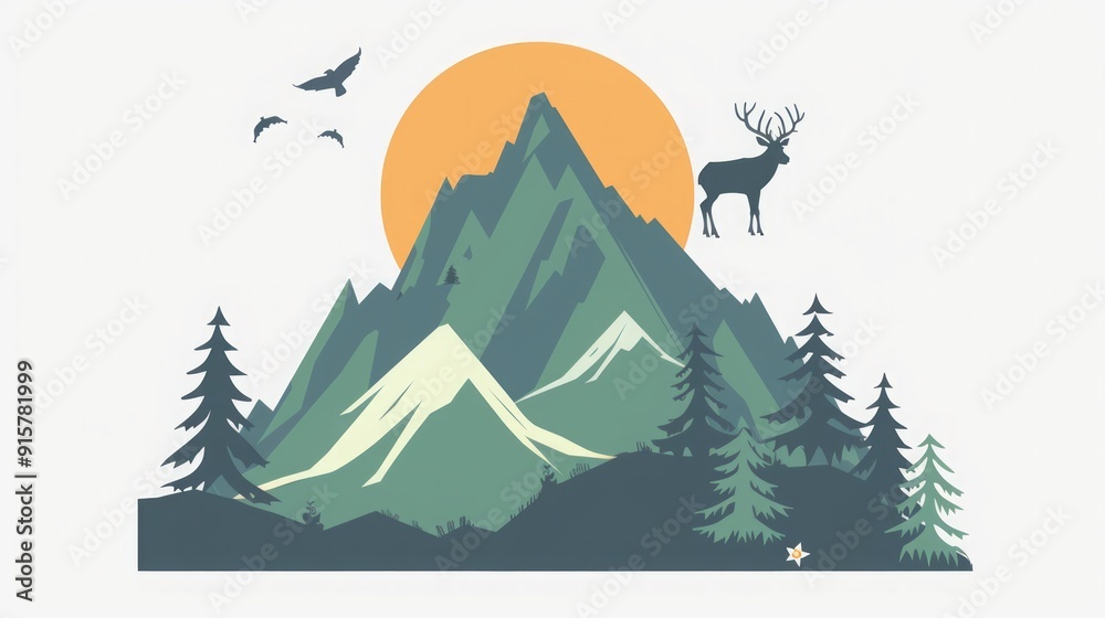 Sunset Mountain Landscape with Deer Silhouette Sunset Mountain Landscape with Deer Silhouette