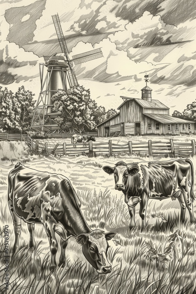 Obraz premium Classic sketch engraving a rural milk dairy farm, featuring cattle grazing near a traditional barn