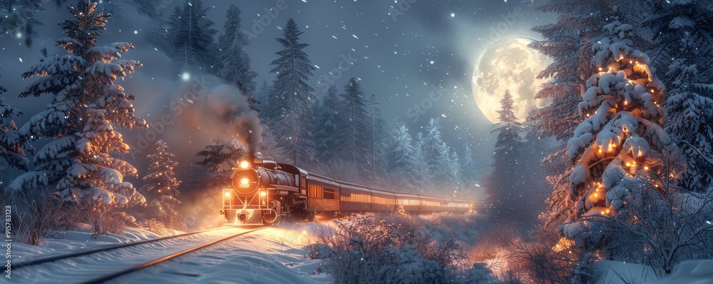 Fototapeta premium Magical winter night train journey through snowy forest with full moon