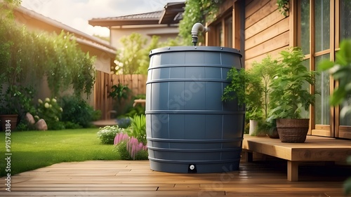 rainwater harvesting system in the garden with barrel, ecological concept for plants watering, reusing water concept