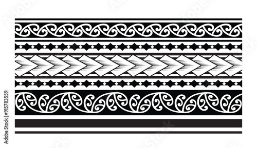 Polynesian pattern tribal tattoo border. Tribal tattoo geometric fore arm samoan band.Tattoo eps forearm samoan sleeve bracelet.Fabric seamless isolated hawaiian pattern on white background.